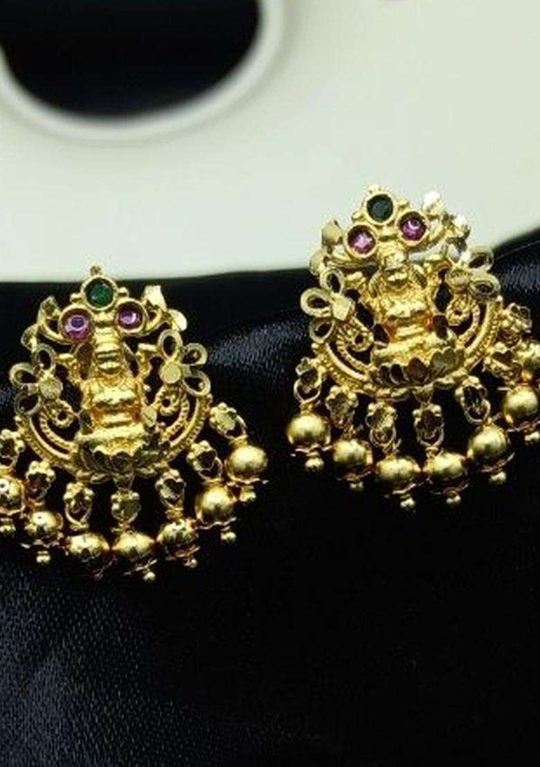 Gold-Plated Artificial Stones Studded Temple Contemporary Drop Earrings for Women | Traditional Temple Jewellery for Wedding & Festive Wear | Gift for Her - Indya