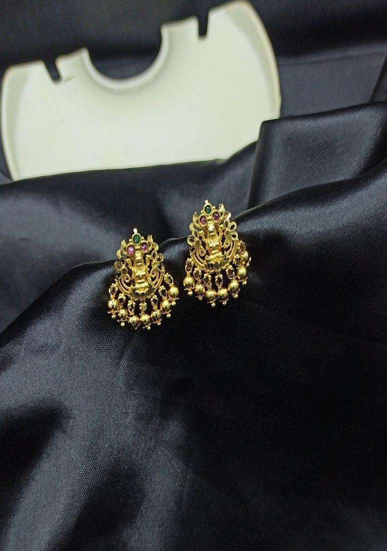 Gold-Plated Artificial Stones Studded Temple Contemporary Drop Earrings for Women | Traditional Temple Jewellery for Wedding & Festive Wear | Gift for Her - Indya