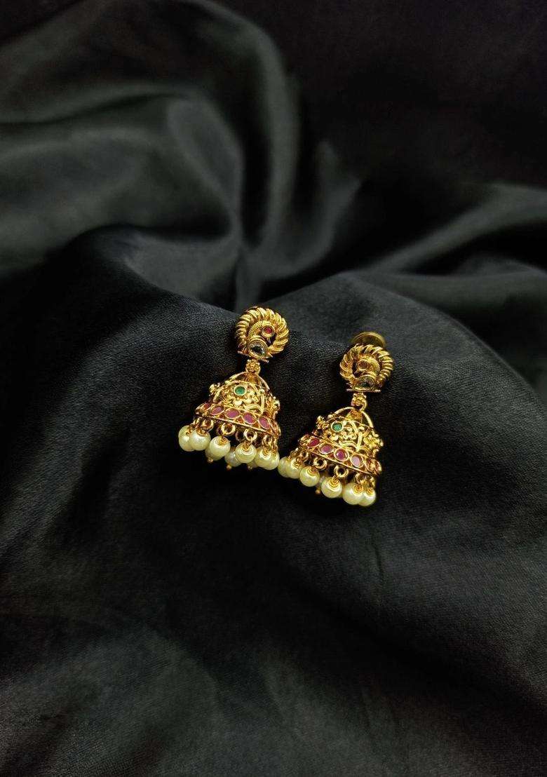 Gold-Plated Dome Shaped Jhumkas Earrings for Women | Traditional Temple Jewellery for Wedding & Festive Wear | Gift for Her - Indya