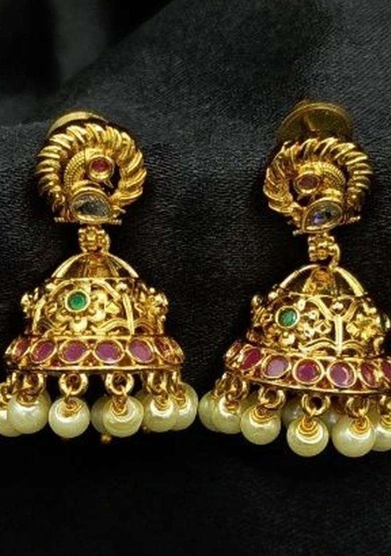Gold-Plated Dome Shaped Jhumkas Earrings for Women | Traditional Temple Jewellery for Wedding & Festive Wear | Gift for Her - Indya