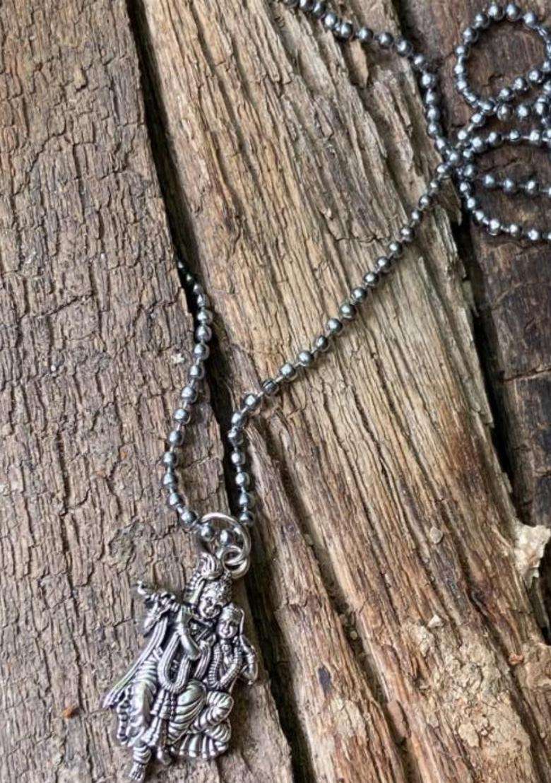 Rhodium-Plated Silver Krishna Radha Pendants with Chains for Men & Women | Traditional Temple Jewellery for Wedding & Festive Wear | Festive Gift - Indya