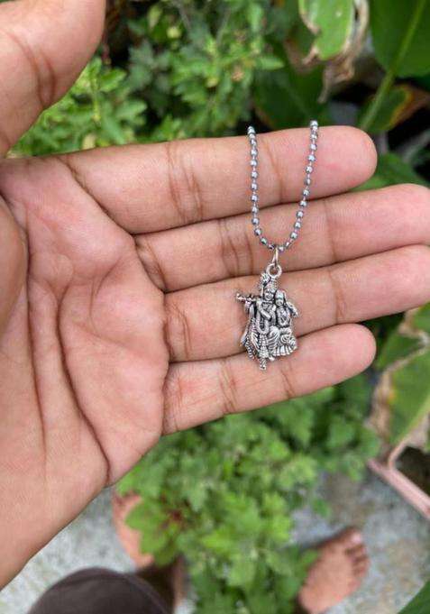 Rhodium-Plated Silver Krishna Radha Pendants with Chains for Men & Women | Traditional Temple Jewellery for Wedding & Festive Wear | Festive Gift