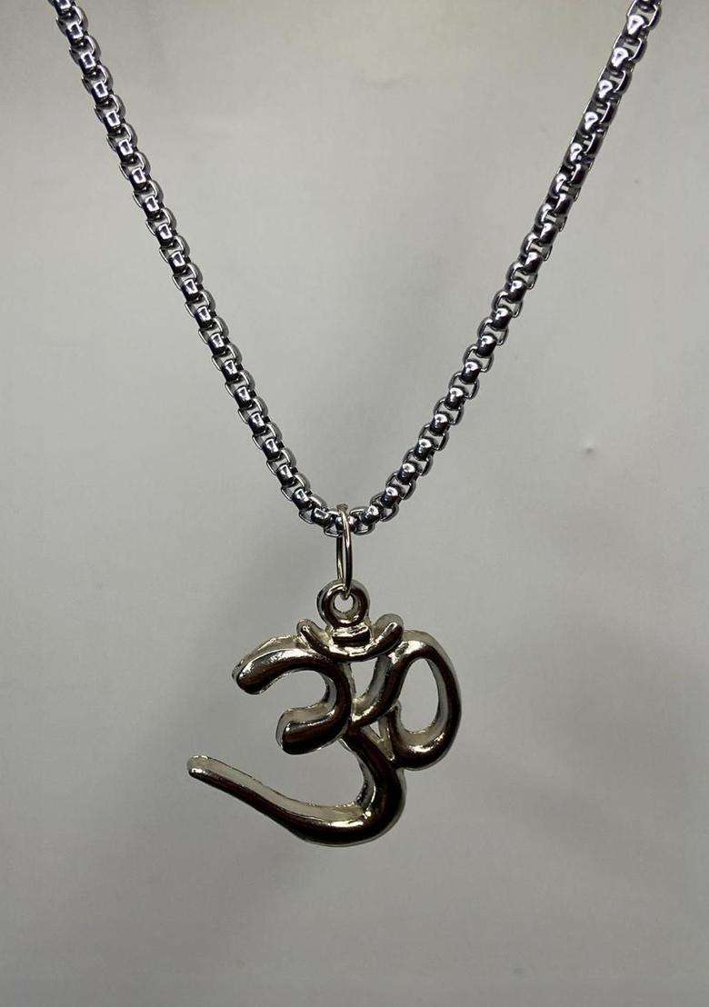 Rhodium-Plated Silver Om Symbol Pendant Necklace with Box Chain for Men & Women | Traditional Temple Jewellery for Wedding & Festive Wear | Festive Gift - Indya