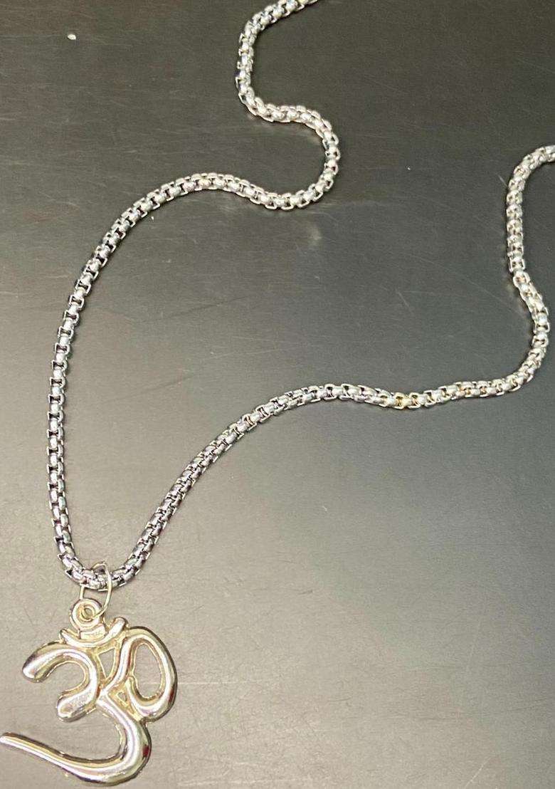 Rhodium-Plated Silver Om Symbol Pendant Necklace with Box Chain for Men & Women | Traditional Temple Jewellery for Wedding & Festive Wear | Festive Gift - Indya