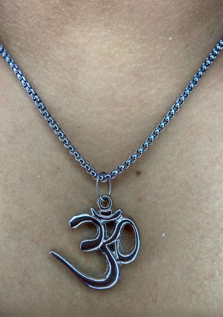 Rhodium-Plated Silver Om Symbol Pendant Necklace with Box Chain for Men & Women | Traditional Temple Jewellery for Wedding & Festive Wear | Festive Gift - Indya