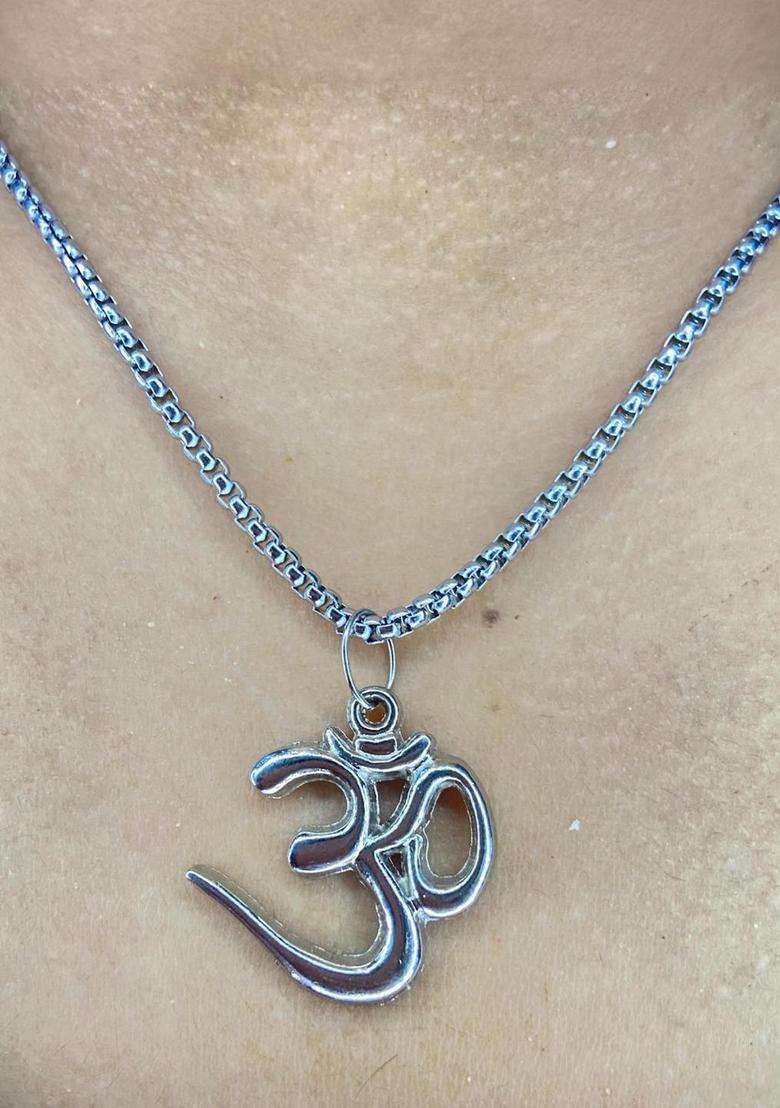 Rhodium-Plated Silver Om Symbol Pendant Necklace with Box Chain for Men & Women | Traditional Temple Jewellery for Wedding & Festive Wear | Festive Gift - Indya