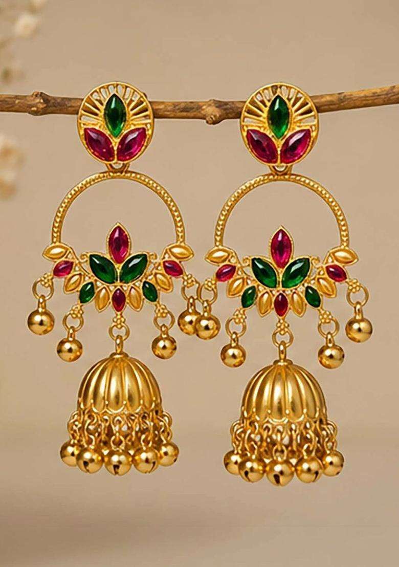 Gold-Plated Circular Jhumkas Earrings with Crystal for Women | Traditional Temple Jewellery for Wedding & Festive Wear | Gift for Her - Indya