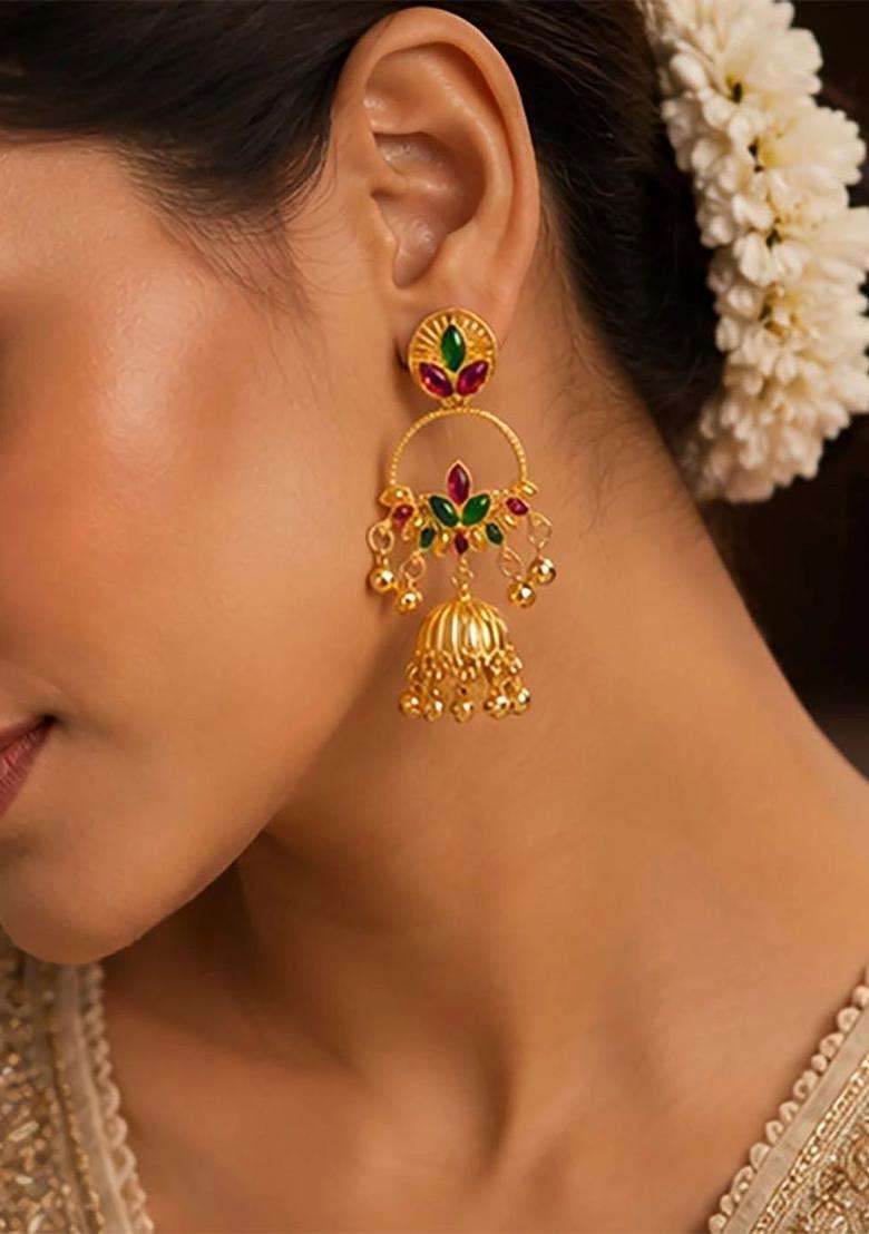 Gold-Plated Circular Jhumkas Earrings with Crystal for Women | Traditional Temple Jewellery for Wedding & Festive Wear | Gift for Her - Indya