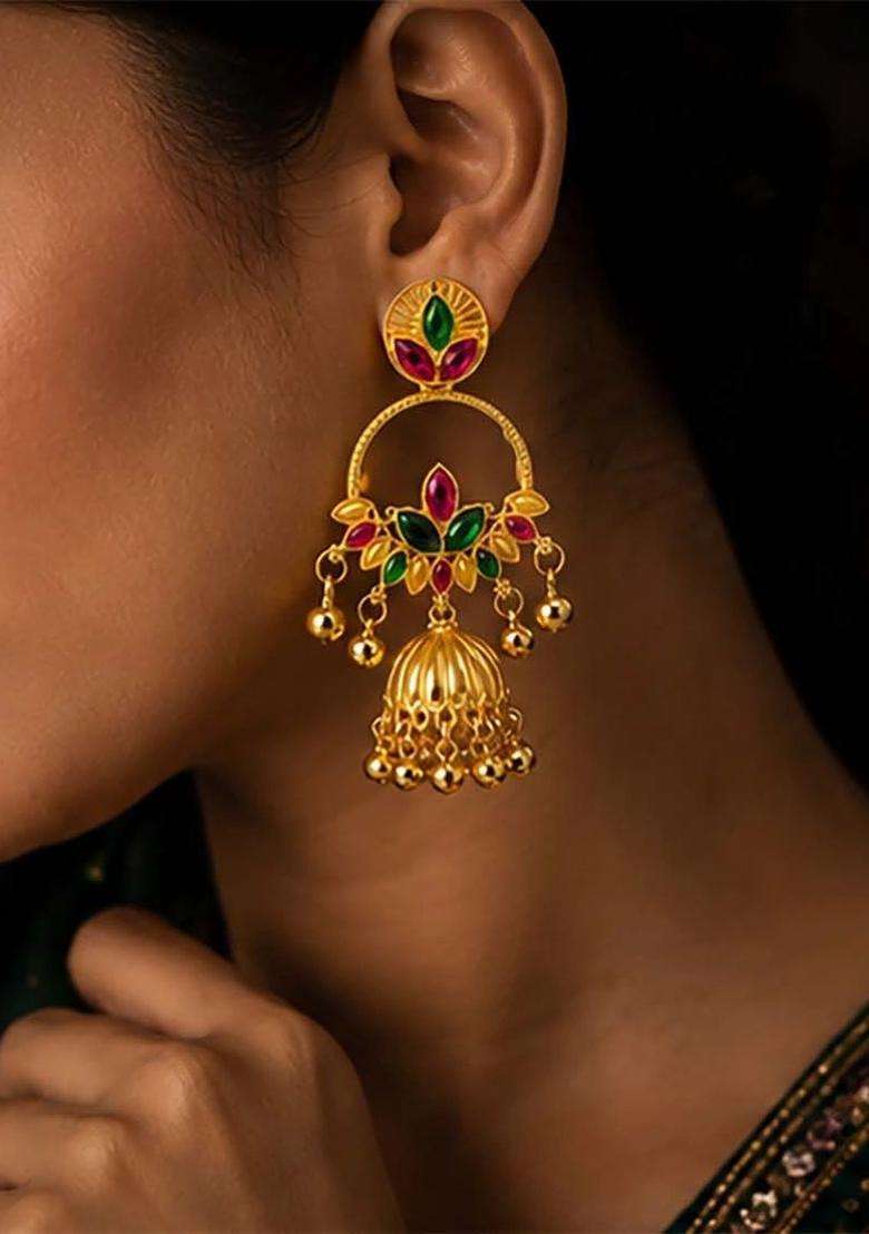 Gold-Plated Circular Jhumkas Earrings with Crystal for Women | Traditional Temple Jewellery for Wedding & Festive Wear | Gift for Her - Indya