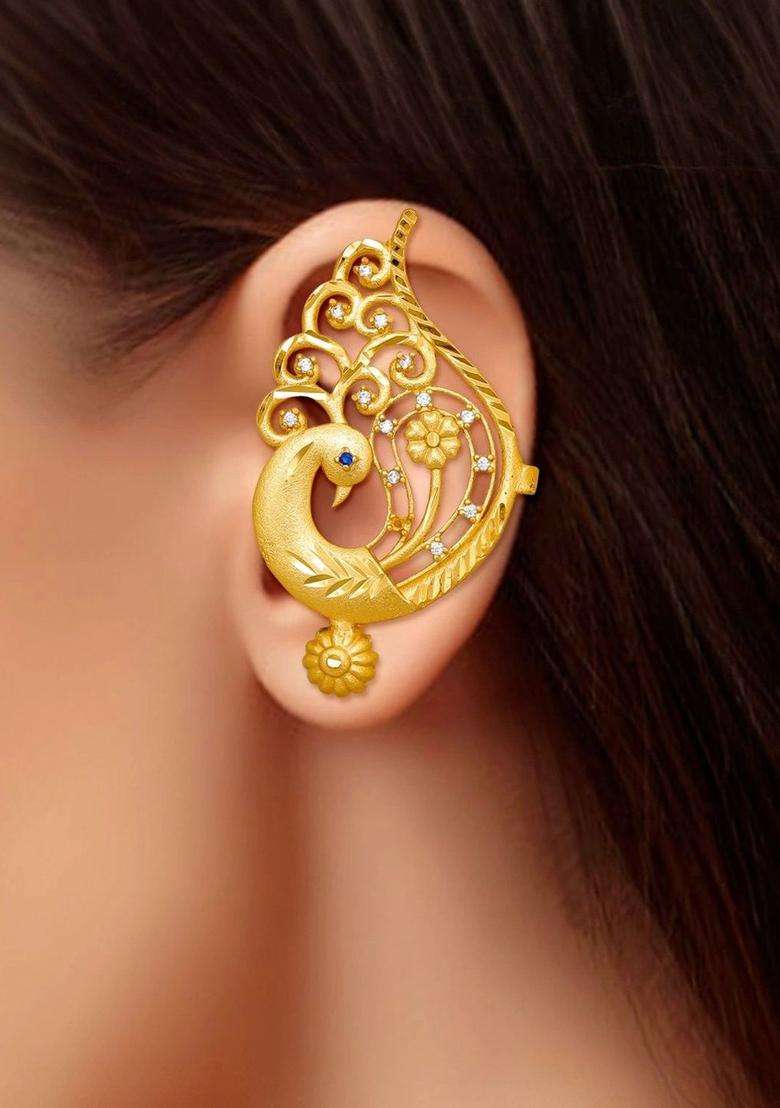 Gold-Plated Peacock Shaped Ear Cuff Earrings with CZ Stone for Women | Traditional Temple Jewellery for Wedding & Festive Wear | Gift for Her - Indya