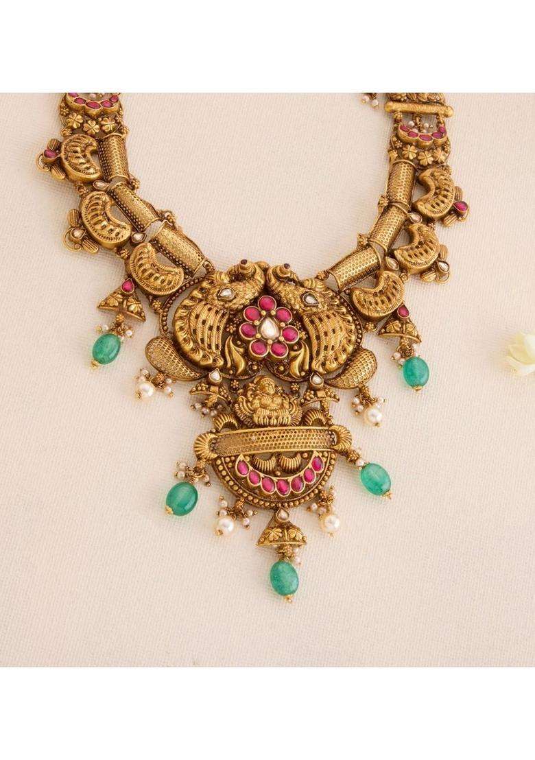 Sterling Silver Gold-Plated Temple Necklace with Kundan for Women | Traditional Temple Jewellery for Wedding & Festive Wear | Gift for Her - Indya