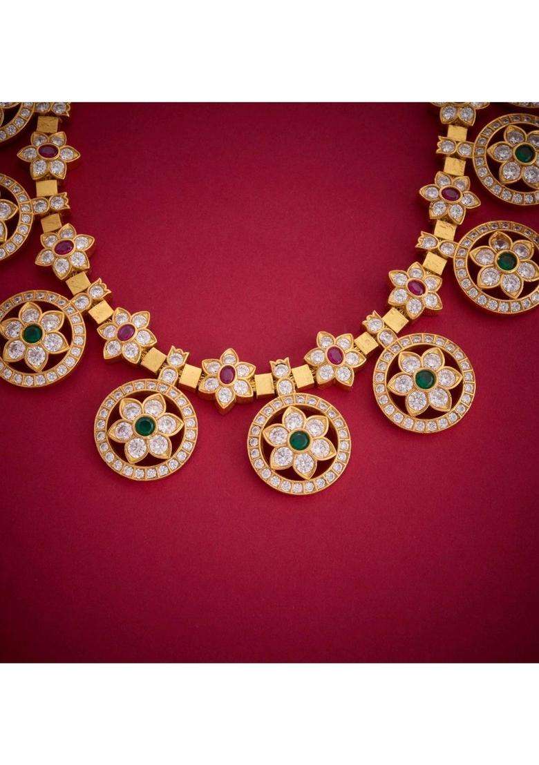 Sterling Silver Gold-Plated Temple Necklace with American Diamond for Women | Traditional Temple Jewellery for Wedding & Festive Wear | Gift for Her - Indya