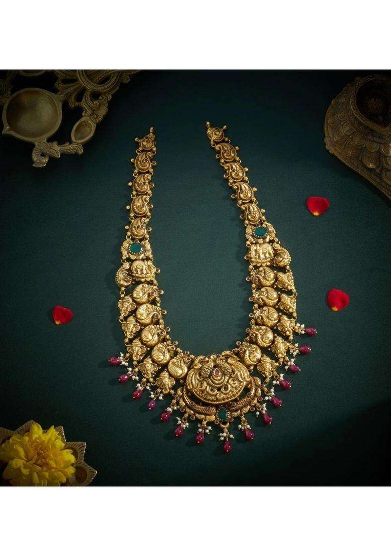 Sterling Silver Gold-Plated Temple Necklace with Pearl for Women | Traditional Temple Jewellery for Wedding & Festive Wear | Gift for Her - Indya