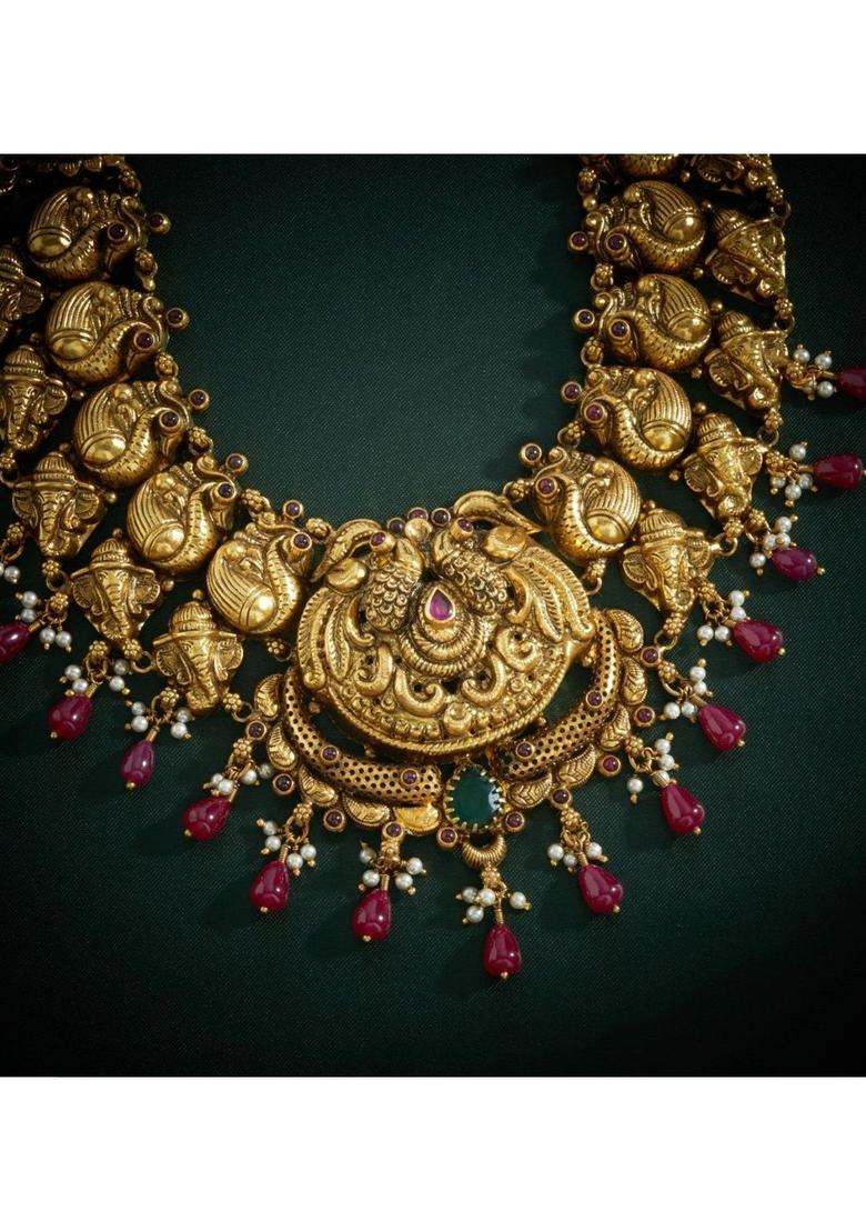 Sterling Silver Gold-Plated Temple Necklace with Pearl for Women | Traditional Temple Jewellery for Wedding & Festive Wear | Gift for Her - Indya