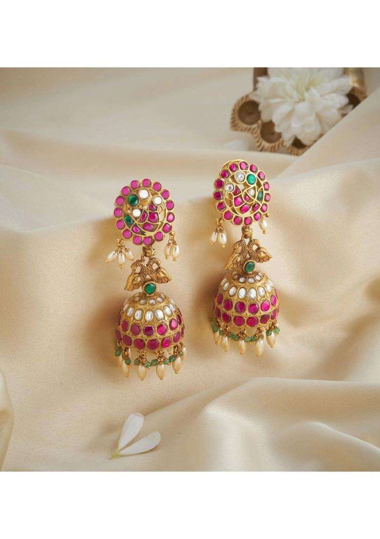 Gold-Plated Circular Jhumkas Earrings with Kundan for Women | Traditional Temple Jewellery for Wedding & Festive Wear | Gift for Her - Indya