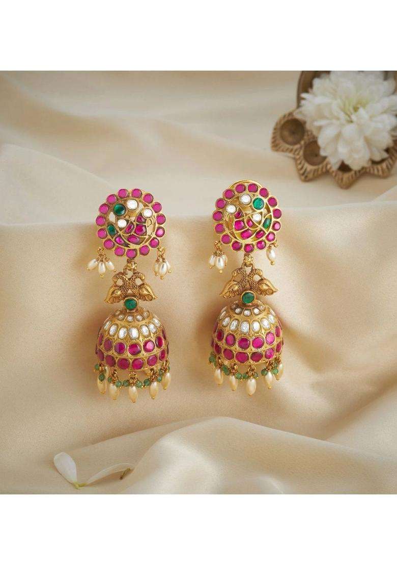 Gold-Plated Circular Jhumkas Earrings with Kundan for Women | Traditional Temple Jewellery for Wedding & Festive Wear | Gift for Her - Indya