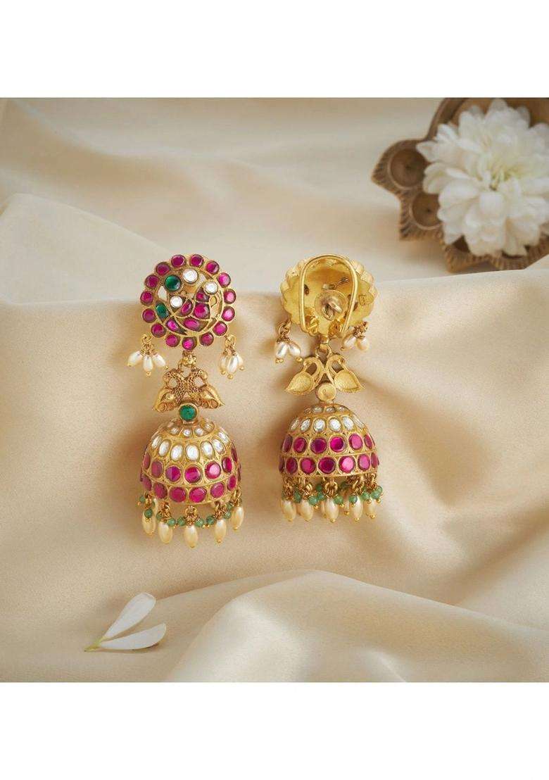 Gold-Plated Circular Jhumkas Earrings with Kundan for Women | Traditional Temple Jewellery for Wedding & Festive Wear | Gift for Her - Indya