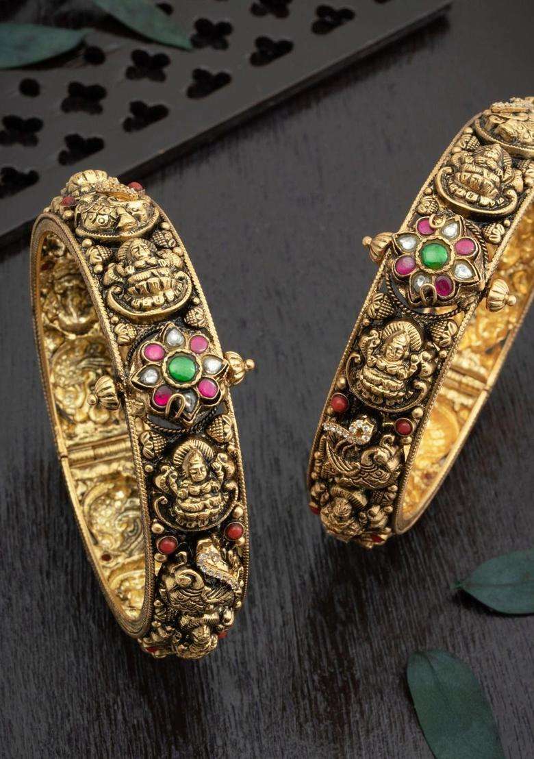Sterling Gold-Plated Temple Kundan Bangle for Women | Traditional Temple Jewellery for Wedding & Festive Wear | Gift for Her - Indya
