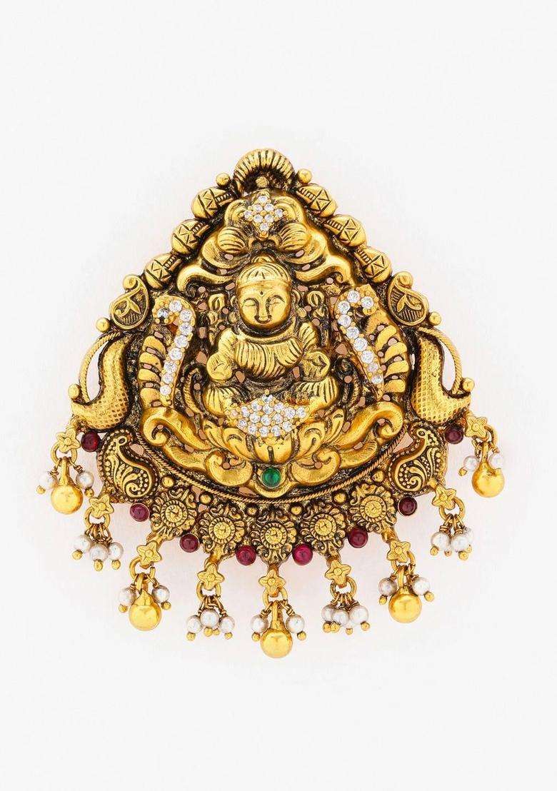 Rasa Silver Jewels Gold-Plated Triangular Pendants with Pearl for Men & Women | Traditional Temple Jewellery for Wedding & Festive Wear | Festive Gift - Indya