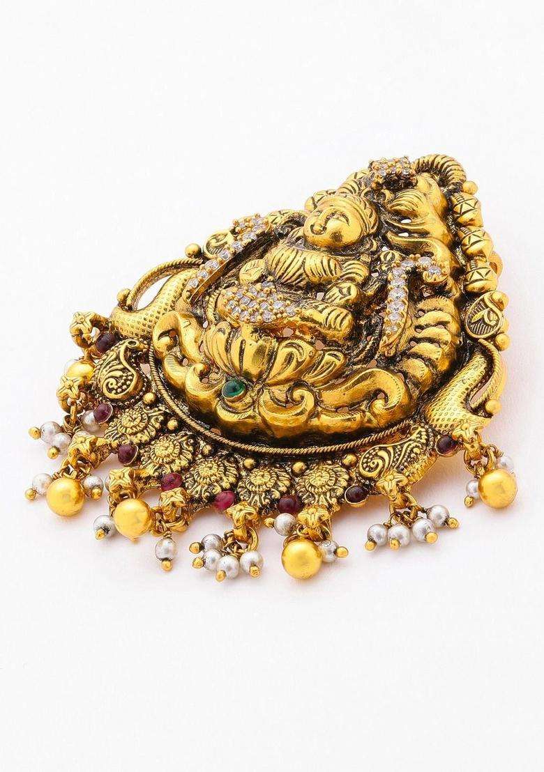 Rasa Silver Jewels Gold-Plated Triangular Pendants with Pearl for Men & Women | Traditional Temple Jewellery for Wedding & Festive Wear | Festive Gift - Indya
