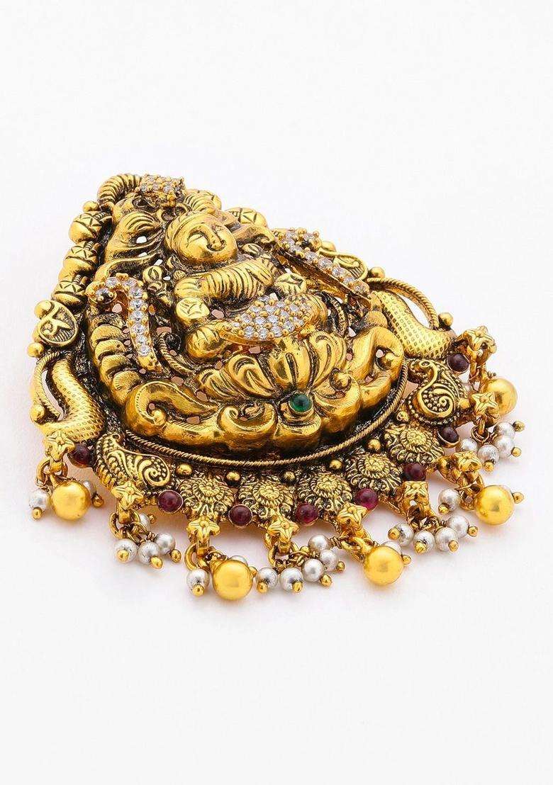 Rasa Silver Jewels Gold-Plated Triangular Pendants with Pearl for Men & Women | Traditional Temple Jewellery for Wedding & Festive Wear | Festive Gift - Indya