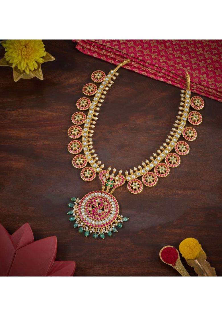 Sterling Silver Gold-Plated Temple Necklace with Kundan for Women | Traditional Temple Jewellery for Wedding & Festive Wear | Gift for Her - Indya
