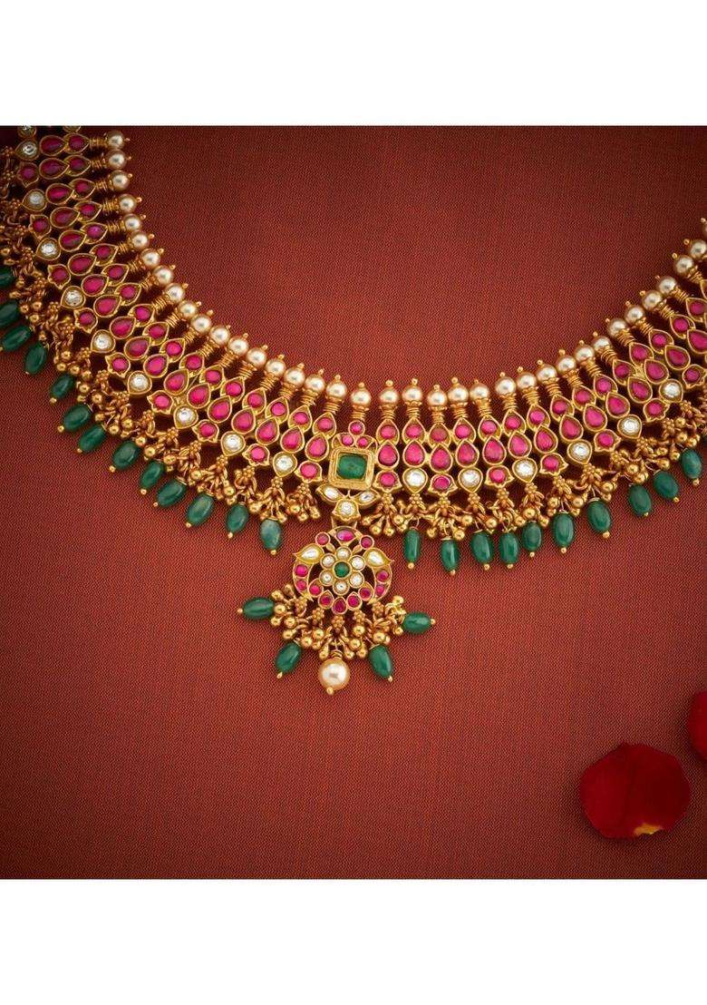 Sterling Silver Gold-Plated Temple Necklace with Kundan for Women | Traditional Temple Jewellery for Wedding & Festive Wear | Gift for Her - Indya