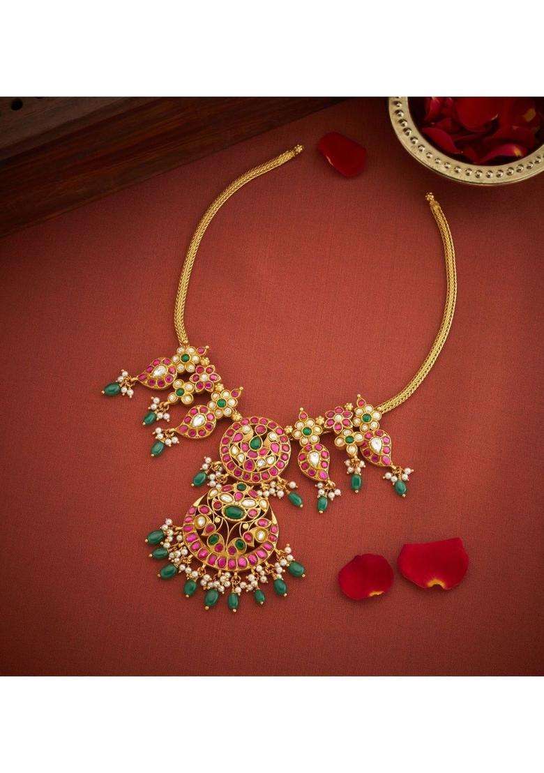 Sterling Silver Gold-Plated Temple Necklace with Kundan for Women | Traditional Temple Jewellery for Wedding & Festive Wear | Gift for Her - Indya