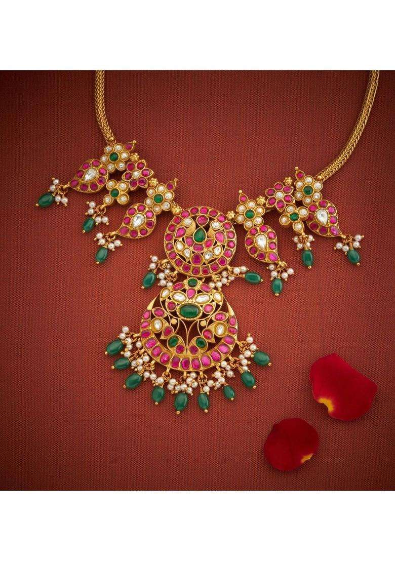 Sterling Silver Gold-Plated Temple Necklace with Kundan for Women | Traditional Temple Jewellery for Wedding & Festive Wear | Gift for Her - Indya