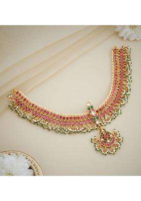 Sterling Silver Gold-Plated Temple Necklace with Kundan for Women | Traditional Temple Jewellery for Wedding & Festive Wear | Gift for Her