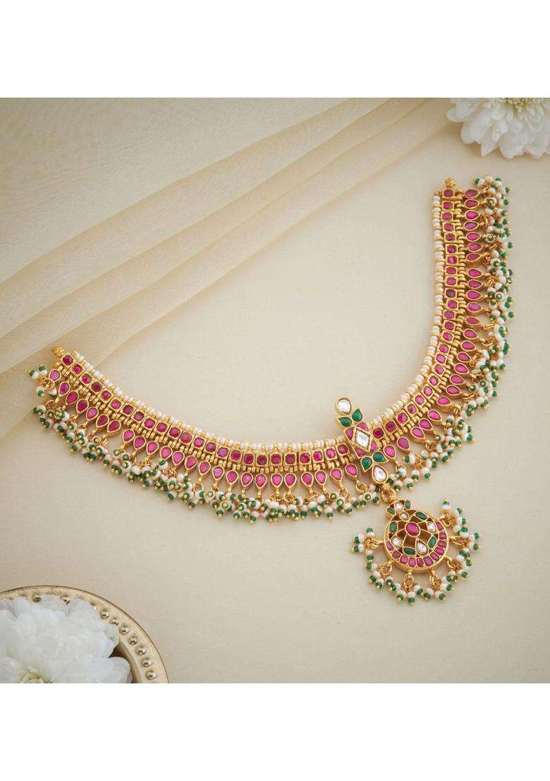 Sterling Silver Gold-Plated Temple Necklace with Kundan for Women | Traditional Temple Jewellery for Wedding & Festive Wear | Gift for Her - Indya