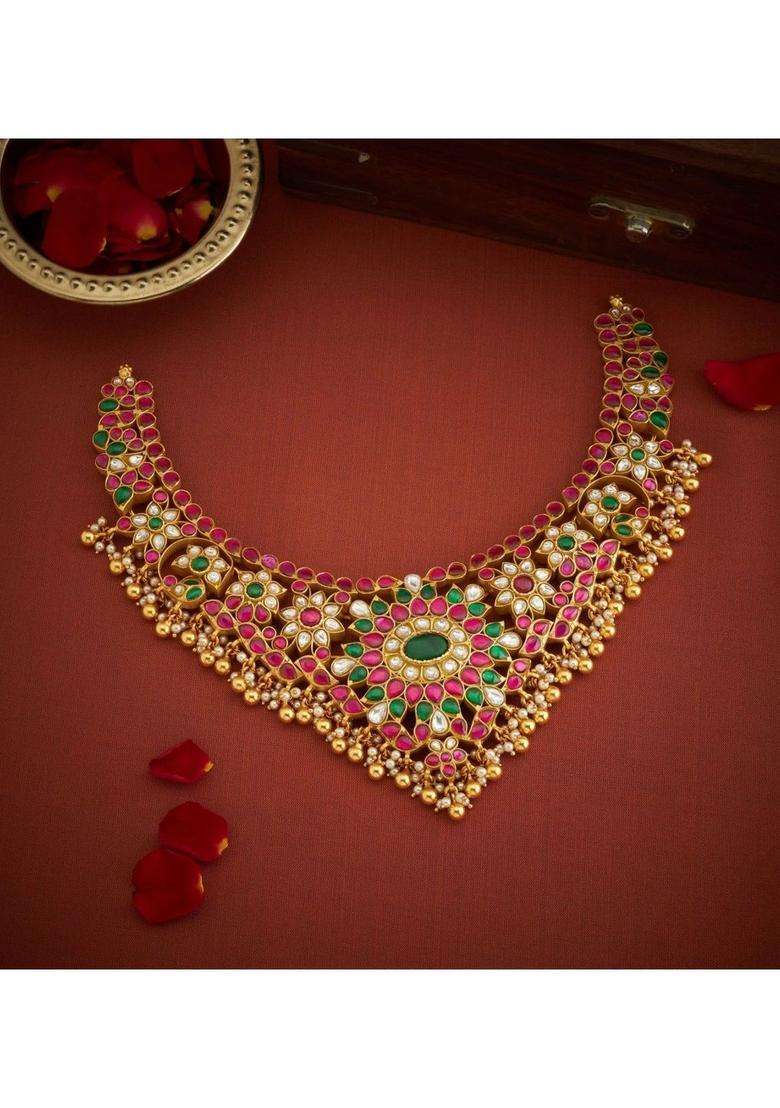 Sterling Silver Gold-Plated Temple Necklace with Kundan for Women | Traditional Temple Jewellery for Wedding & Festive Wear | Gift for Her - Indya