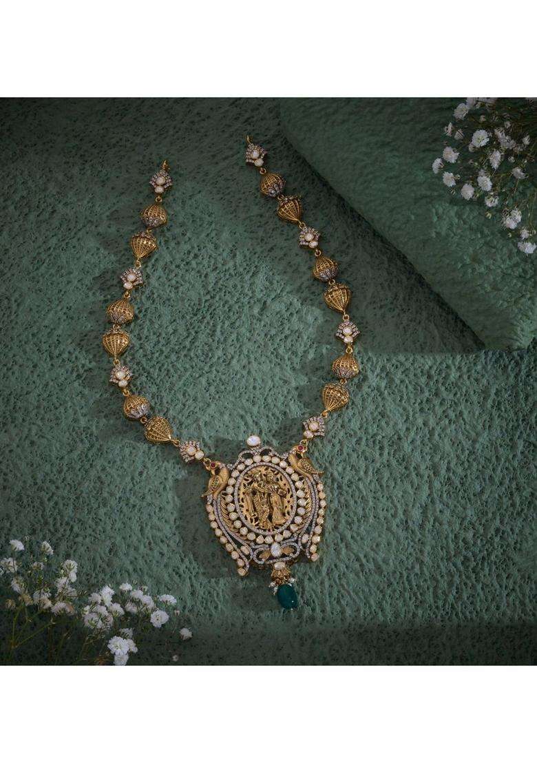 Sterling Silver Gold-Plated Temple Necklace with Pearl for Women | Traditional Temple Jewellery for Wedding & Festive Wear | Gift for Her - Indya