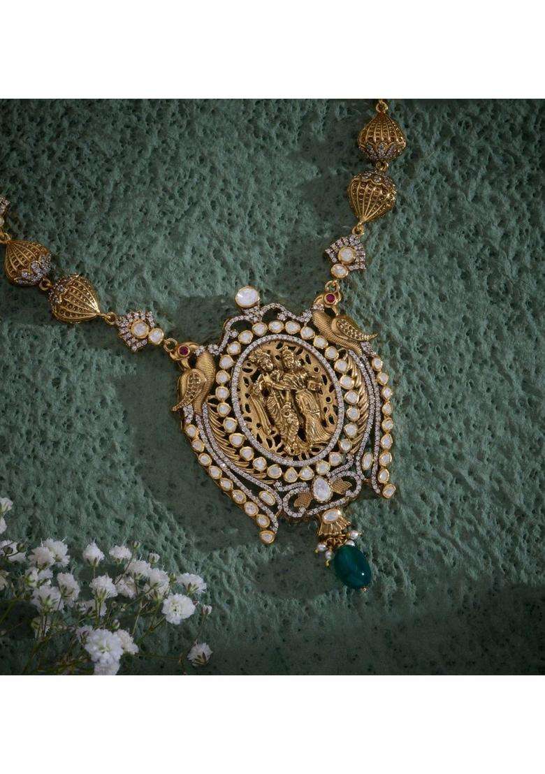 Sterling Silver Gold-Plated Temple Necklace with Pearl for Women | Traditional Temple Jewellery for Wedding & Festive Wear | Gift for Her - Indya