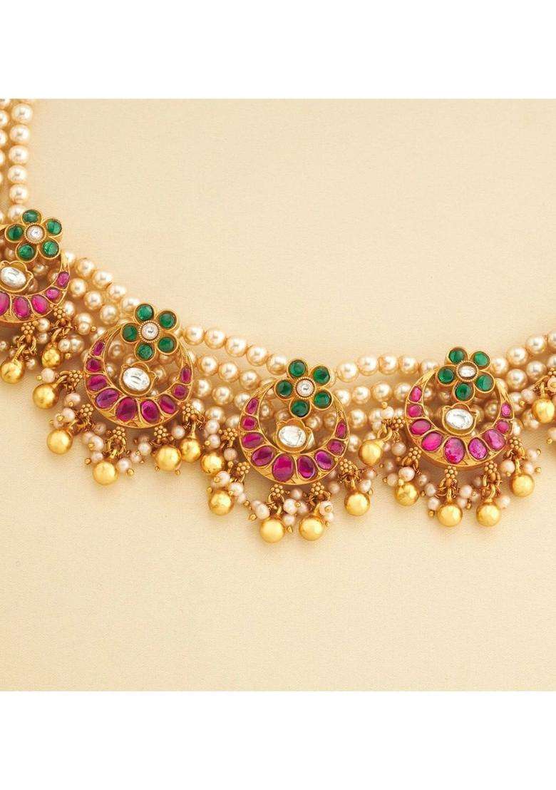 Sterling Silver Gold-Plated Layered Necklace with Kundan for Women | Traditional Temple Jewellery for Wedding & Festive Wear | Gift for Her - Indya