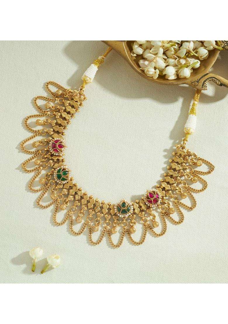Sterling Silver Gold-Plated Antique Necklace with Kundan for Women | Traditional Temple Jewellery for Wedding & Festive Wear | Gift for Her - Indya