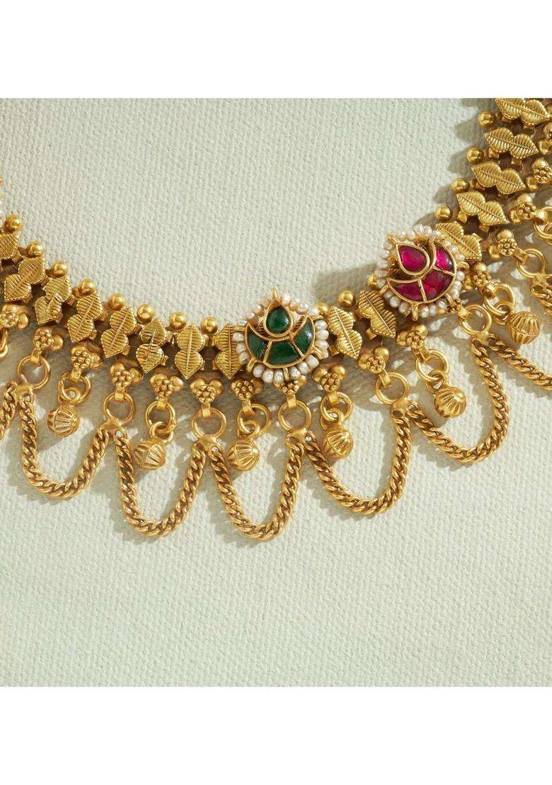 Sterling Silver Gold-Plated Antique Necklace with Kundan for Women | Traditional Temple Jewellery for Wedding & Festive Wear | Gift for Her - Indya