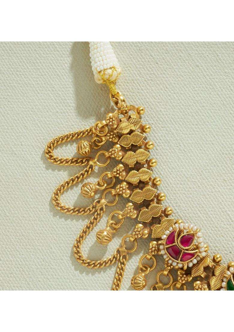 Sterling Silver Gold-Plated Antique Necklace with Kundan for Women | Traditional Temple Jewellery for Wedding & Festive Wear | Gift for Her - Indya
