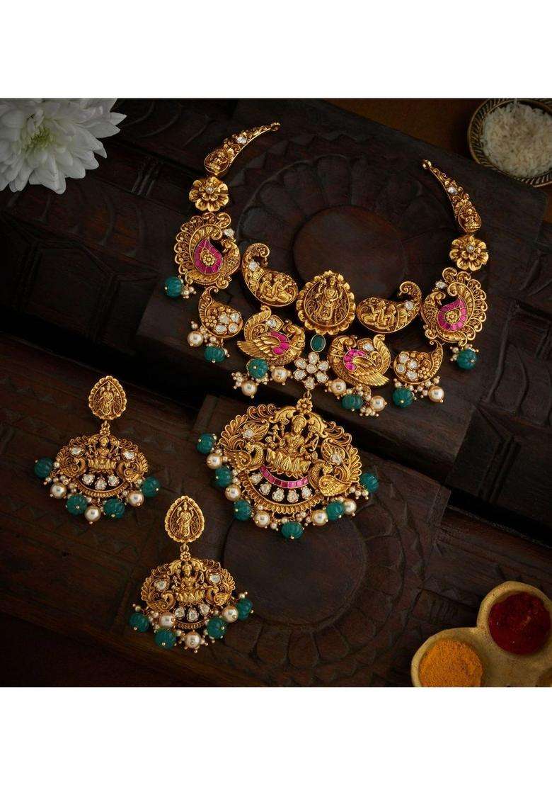 Sterling Silver Gold-Plated Temple Necklace with Pearl for Women | Traditional Temple Jewellery for Wedding & Festive Wear | Gift for Her - Indya