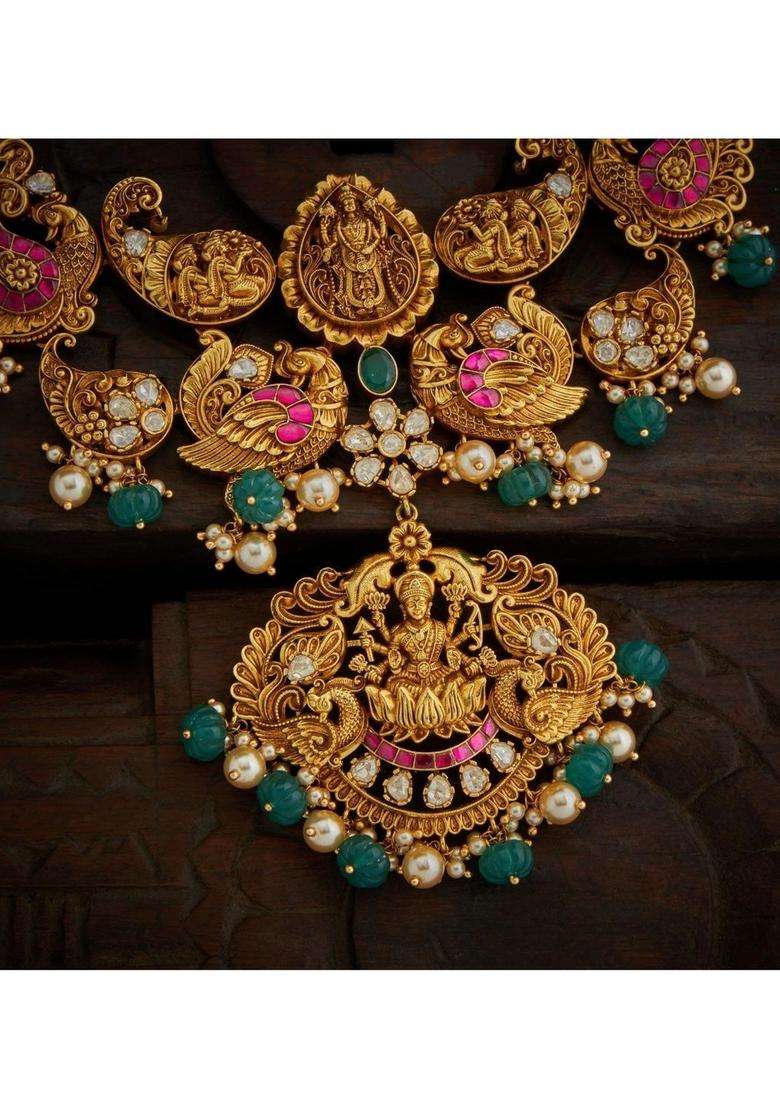 Sterling Silver Gold-Plated Temple Necklace with Pearl for Women | Traditional Temple Jewellery for Wedding & Festive Wear | Gift for Her - Indya