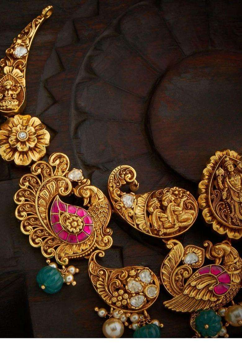 Sterling Silver Gold-Plated Temple Necklace with Pearl for Women | Traditional Temple Jewellery for Wedding & Festive Wear | Gift for Her - Indya
