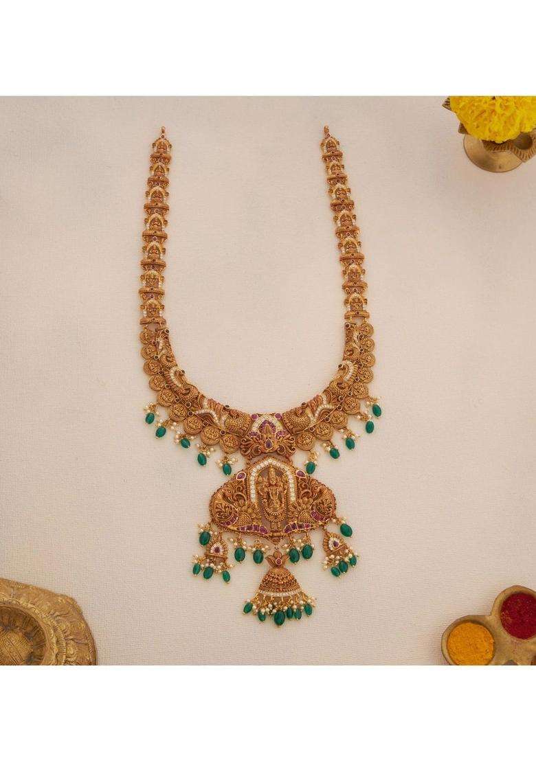 Sterling Silver Gold-Plated Temple Necklace with Pearl for Women | Traditional Temple Jewellery for Wedding & Festive Wear | Gift for Her - Indya