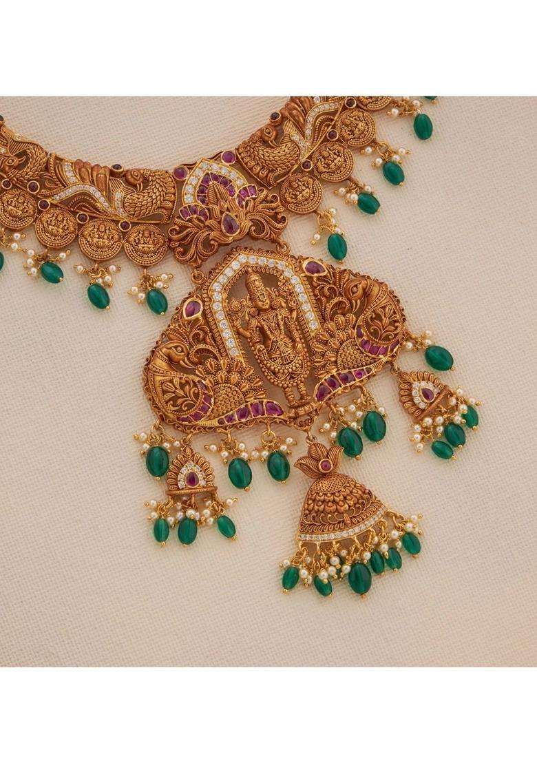 Sterling Silver Gold-Plated Temple Necklace with Pearl for Women | Traditional Temple Jewellery for Wedding & Festive Wear | Gift for Her - Indya