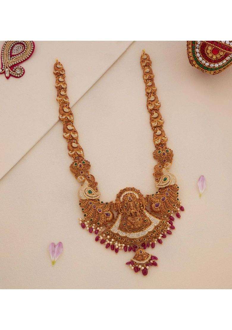 Sterling Silver Gold-Plated Temple Necklace with Pearl for Women | Traditional Temple Jewellery for Wedding & Festive Wear | Gift for Her - Indya
