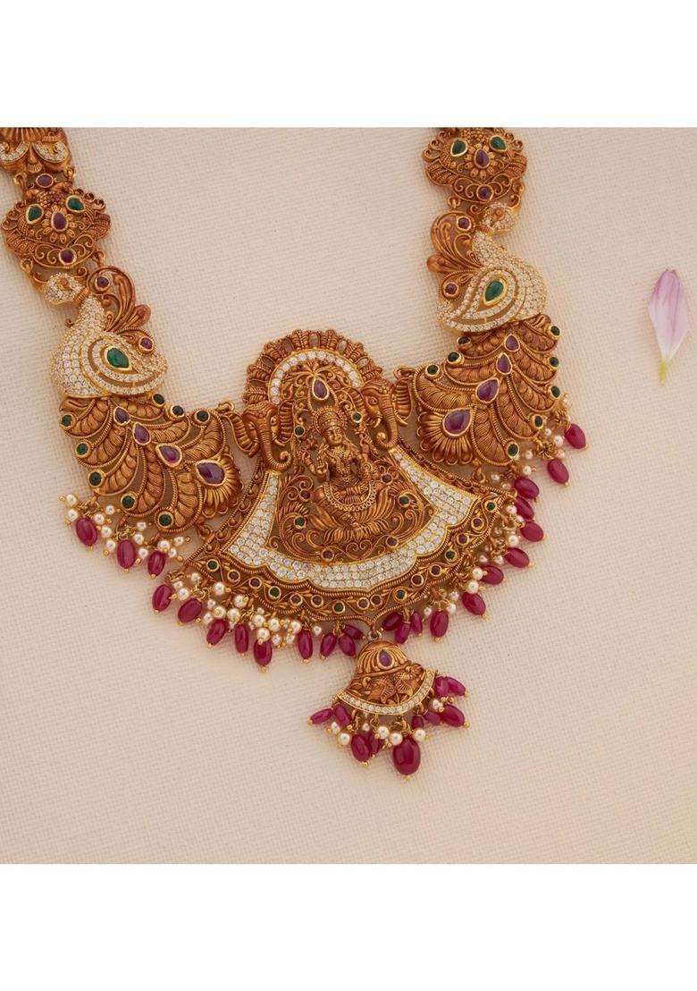 Sterling Silver Gold-Plated Temple Necklace with Pearl for Women | Traditional Temple Jewellery for Wedding & Festive Wear | Gift for Her - Indya