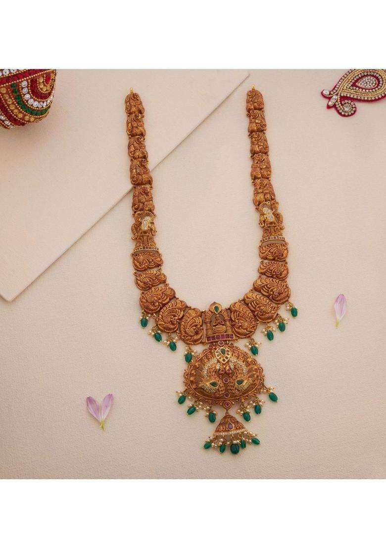 Sterling Silver Gold-Plated Temple Necklace with Pearl for Women | Traditional Temple Jewellery for Wedding & Festive Wear | Gift for Her - Indya