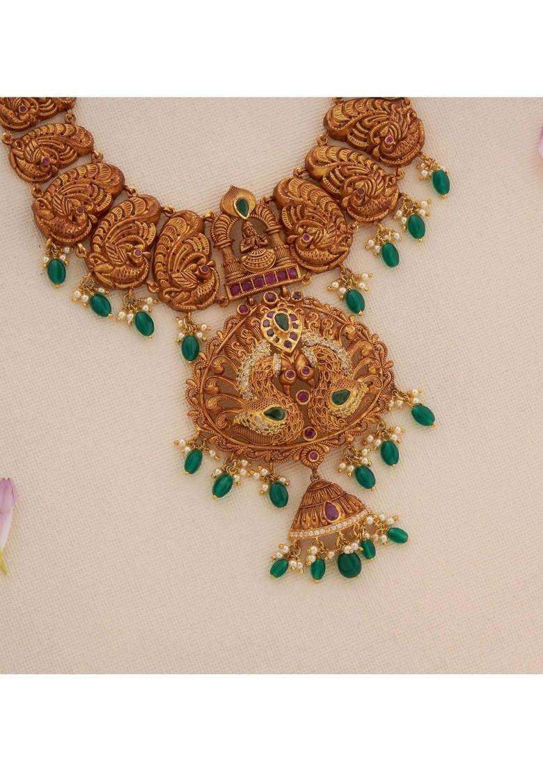 Sterling Silver Gold-Plated Temple Necklace with Pearl for Women | Traditional Temple Jewellery for Wedding & Festive Wear | Gift for Her - Indya