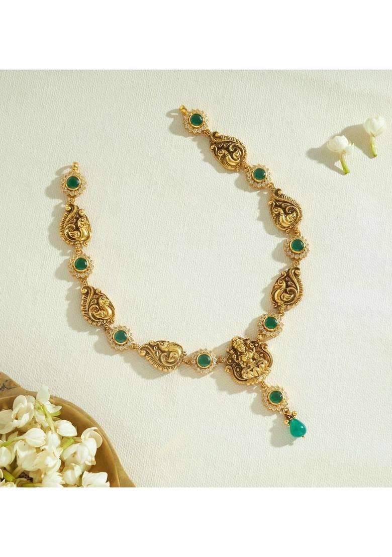 Sterling Silver Gold-Plated Temple Necklace with Pearl for Women | Traditional Temple Jewellery for Wedding & Festive Wear | Gift for Her - Indya