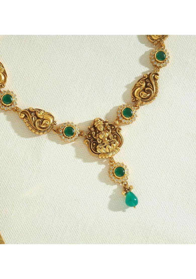 Sterling Silver Gold-Plated Temple Necklace with Pearl for Women | Traditional Temple Jewellery for Wedding & Festive Wear | Gift for Her - Indya