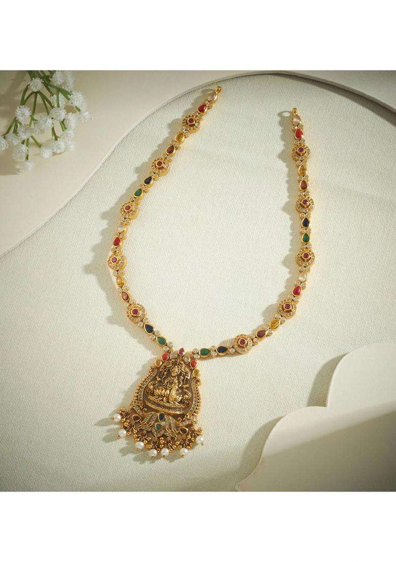 Sterling Silver Gold-Plated Temple Necklace with Pearl for Women | Traditional Temple Jewellery for Wedding & Festive Wear | Gift for Her - Indya